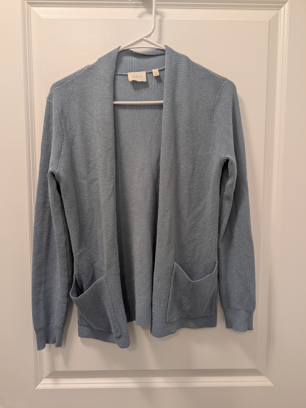Cyrus Pale Blue Knit Open-Front Pocket Cardigan